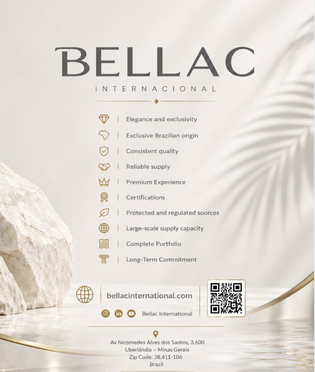 Bellac International institutional overview with website and QR code